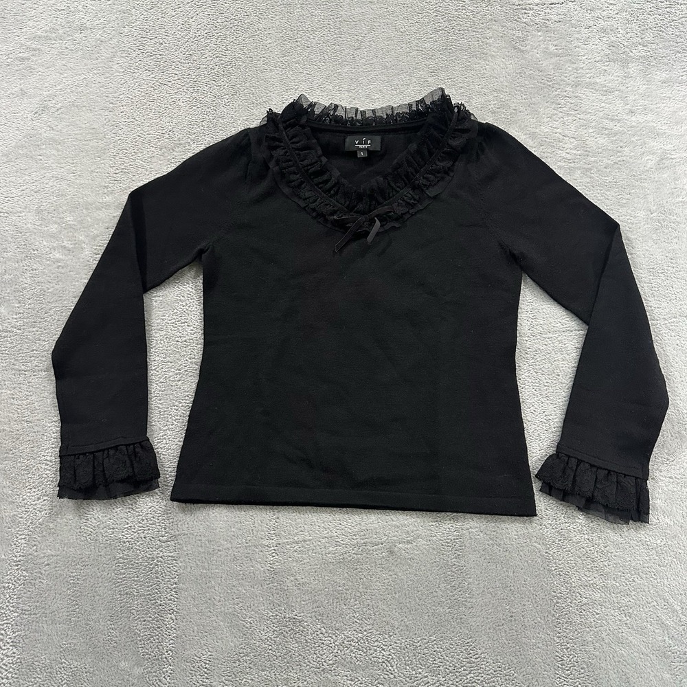 VIF Paris Long Sleeve Sweater Women S Black Wool Ruffles Cuffs Dollette Romantic